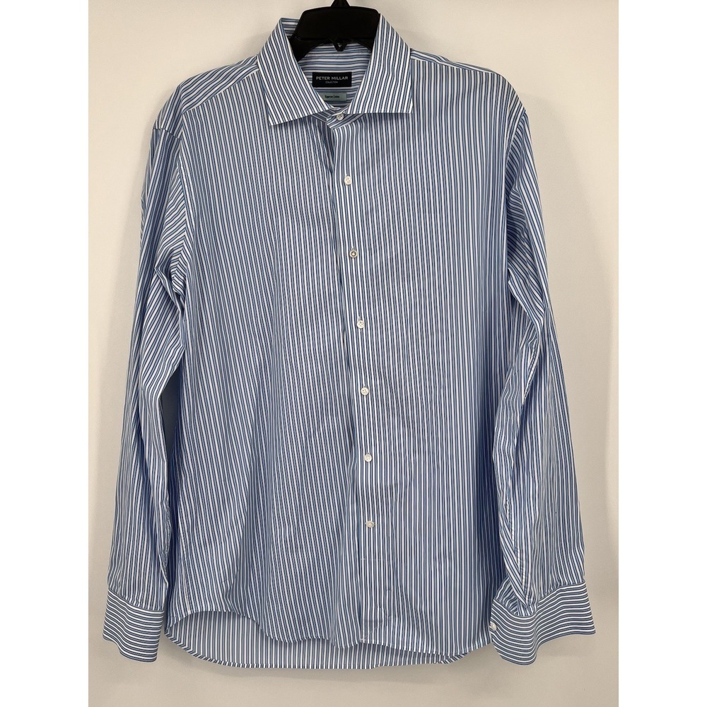 Peter Millar Collection Button Up Men's Long Sleeve Blue White Striped Large
